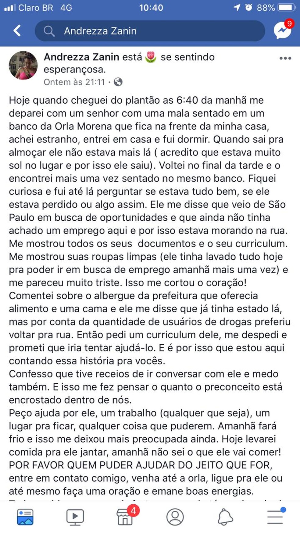 Jovem fez postagem ao encontrar senhor desempregado em banco de praÃ§a em MS â Foto: Redes sociais/ReproduÃ§Ã£o