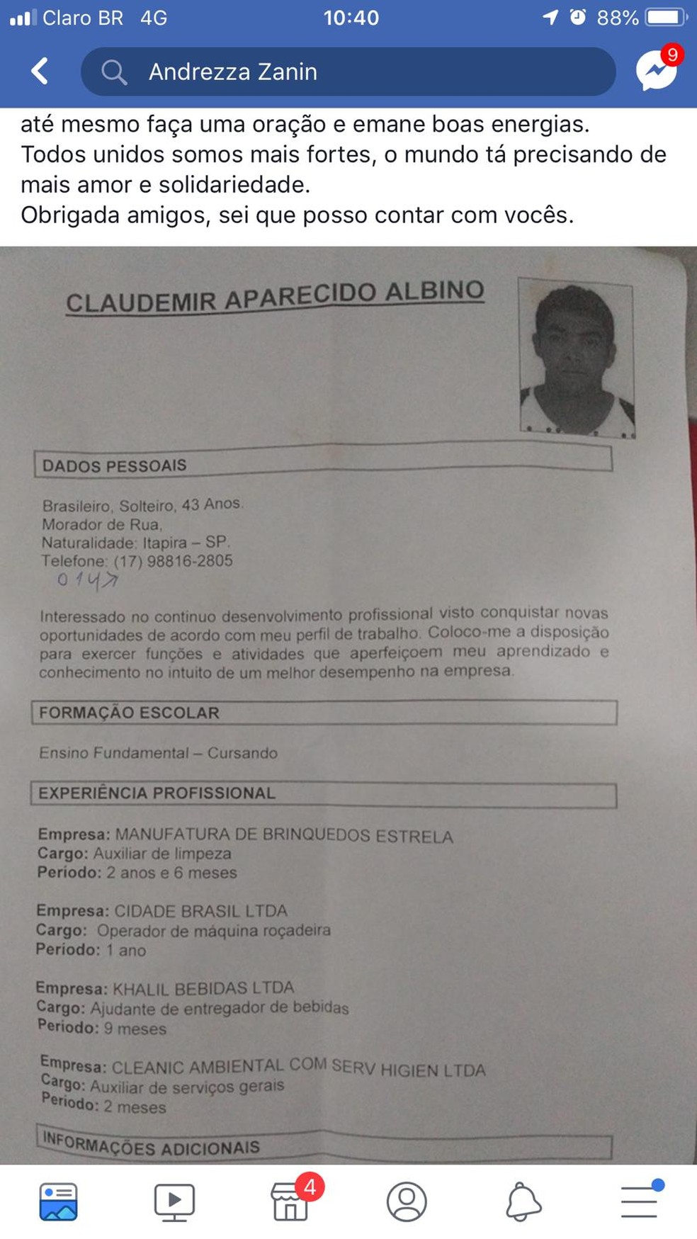 Jovem fez postagem ao encontrar senhor desempregado em banco de praÃ§a em MS â Foto: Redes sociais/ReproduÃ§Ã£o